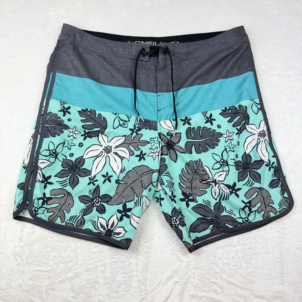 ONeill Mens Tropical Floral Board Shorts Gray Turquoise Swim Trunks Size 40